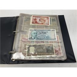 World banknotes, including Queen Elizabeth II The States of Jersey one pound 'DB202703', five pounds 'BB527762' and ten pounds 'AB651481', reserve bank of New Zealand two dollars '1L3 741894', King George V Straits Settlements one dollar 1st January 1935 'F/83 28924', various Bank of England notes etc, housed in two ring binder albums