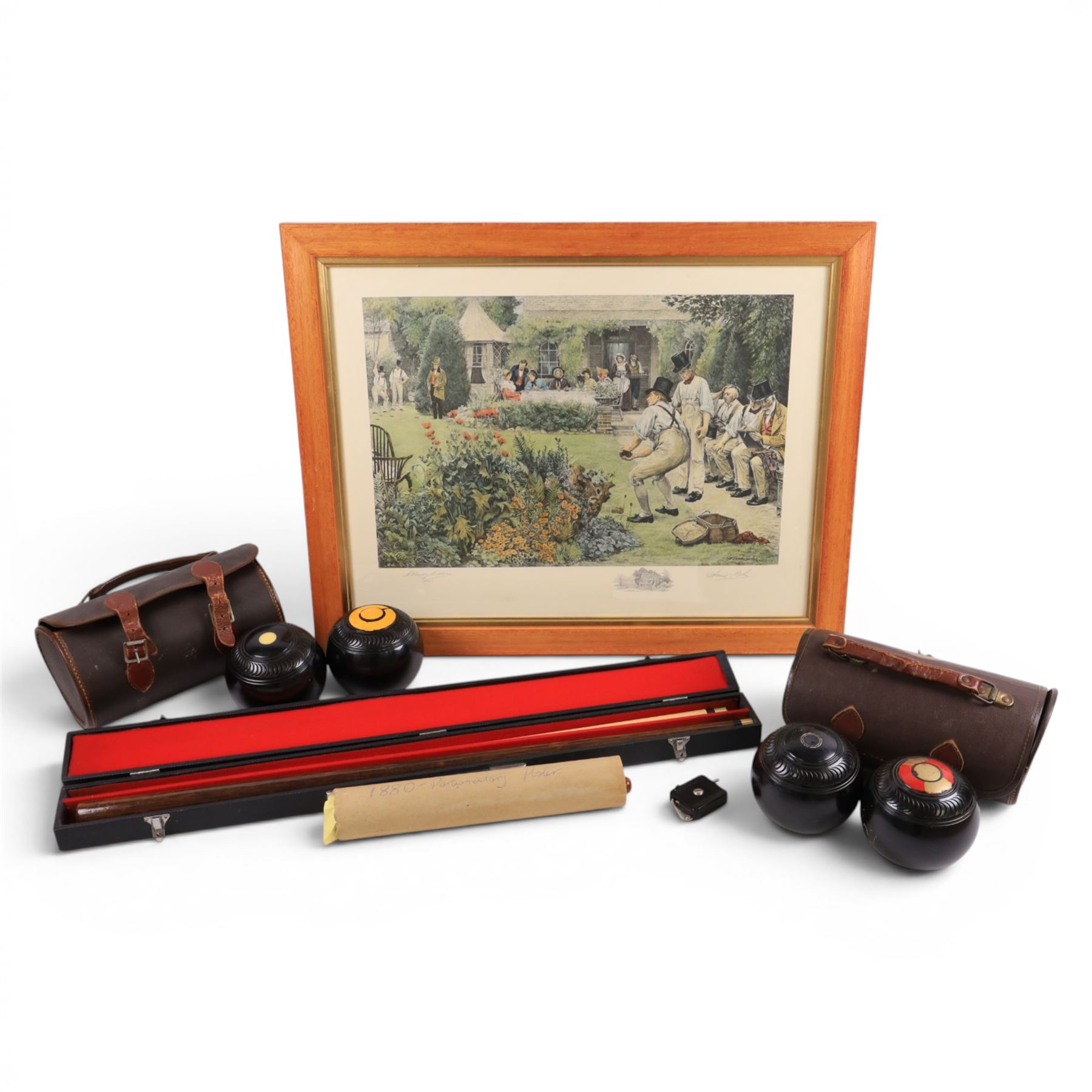 Two sets of cased bowls, together with bowls print etc