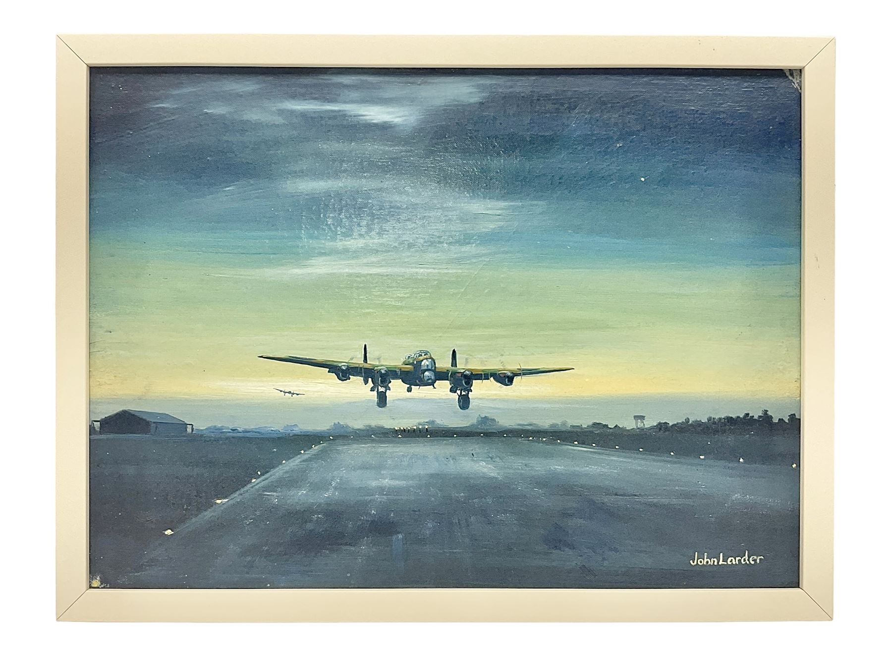 John Larder (20th century) - study of Lancaster bombers landing on a runway at dusk, oil painting on canvas board, 37 x 51cm, white frame