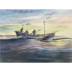 M Whittaker (British 20th Century): 'Dawn in the North Sea - A Filey Coble heads for the Fishing Grounds', watercolour signed and dated 76, titled verso 29cm x 39cm 