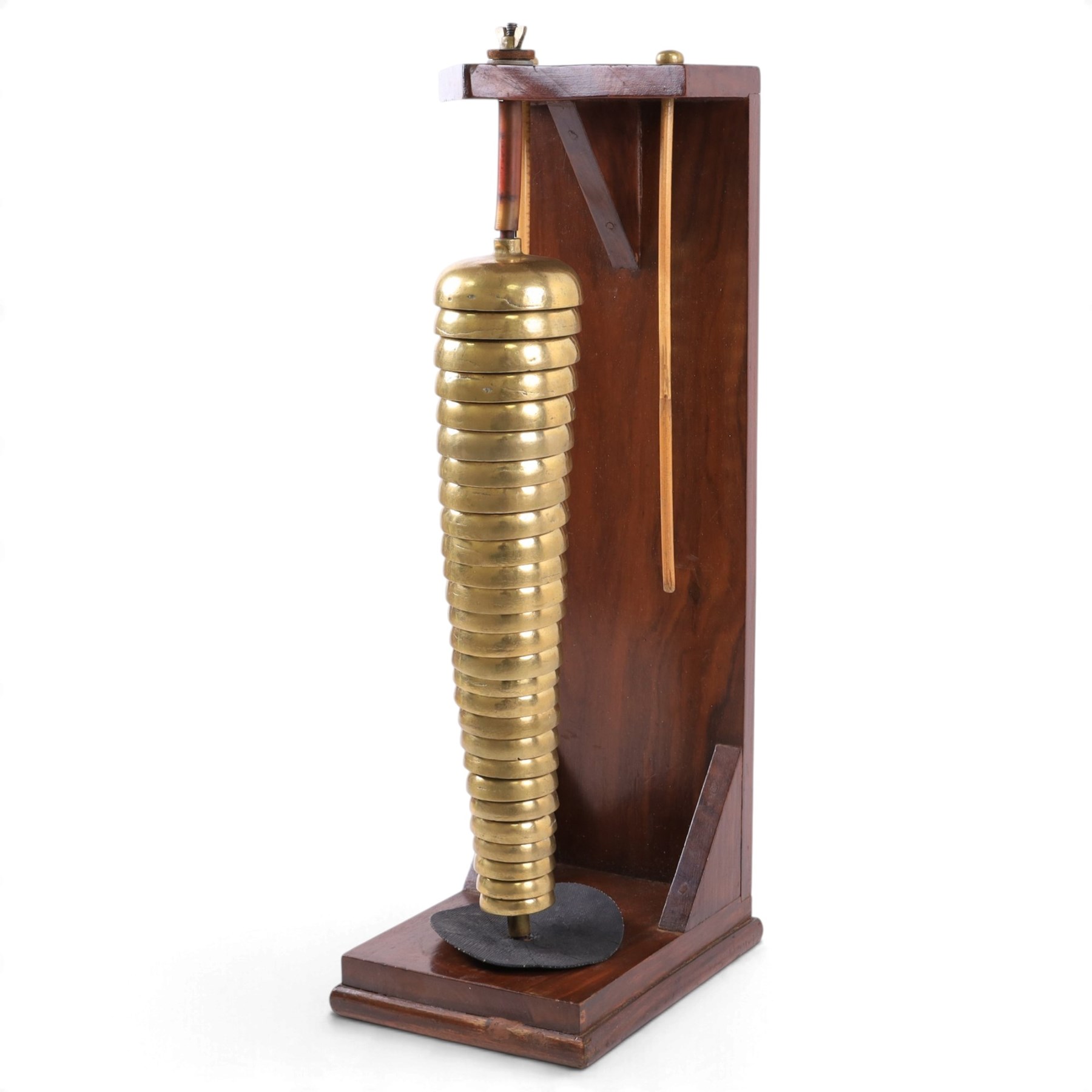 Carroll Sound Inc., New York brass bell tree, comprising twenty-seven graduating stacked bells on a wooden frame, with two beaters, in fitted travelling case, H54cm