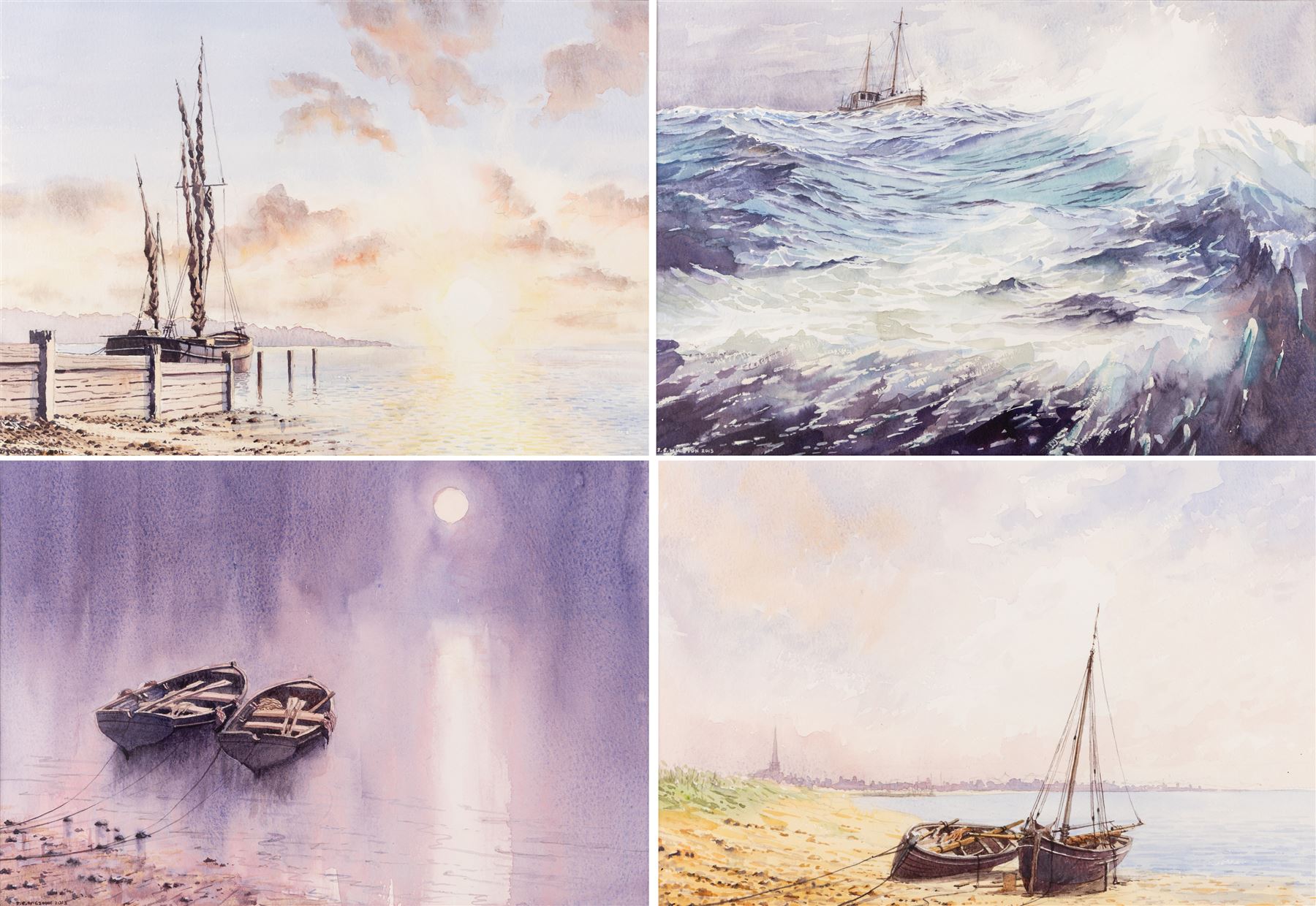 John Edwin Wigston (British 1939-): 'No 18 Dawn' 'No 19 Sunday Morning' 'No 20 Moonlight' and 'No 21 Storm', set of four watercolours signed and dated 2013, titled on label verso all 24cm x 35cm (4)