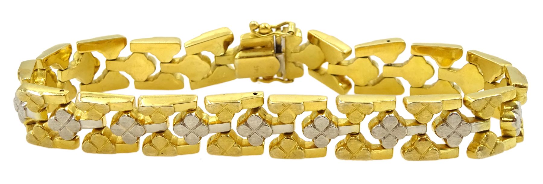 9ct white and yellow gold fancy clover leaf link bracelet, Birmingham import mark 1990