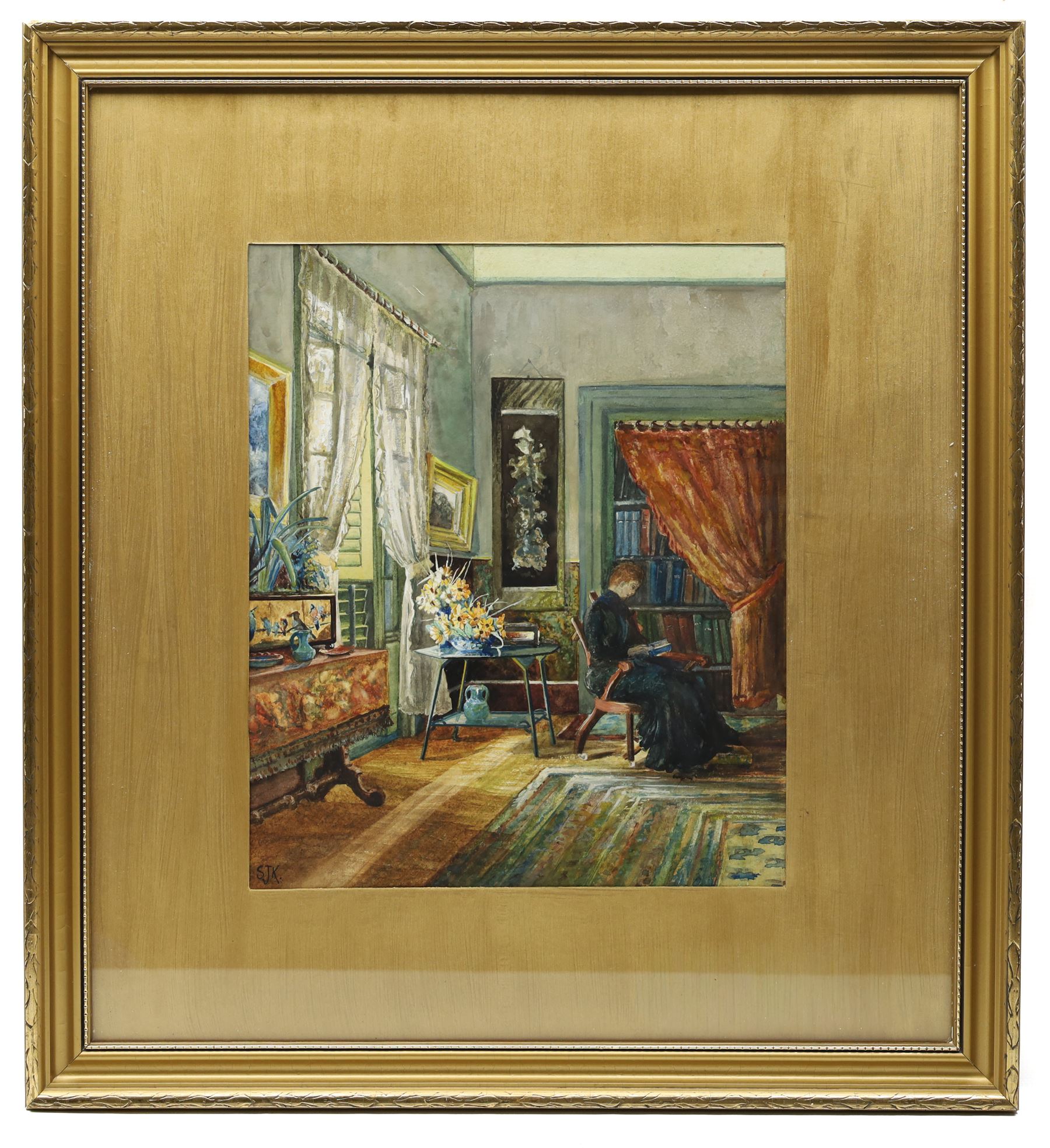 English School (20th Century): Woman Reading in a Daylit Interior, watercolour signed S J K 34.5cm x 29cm