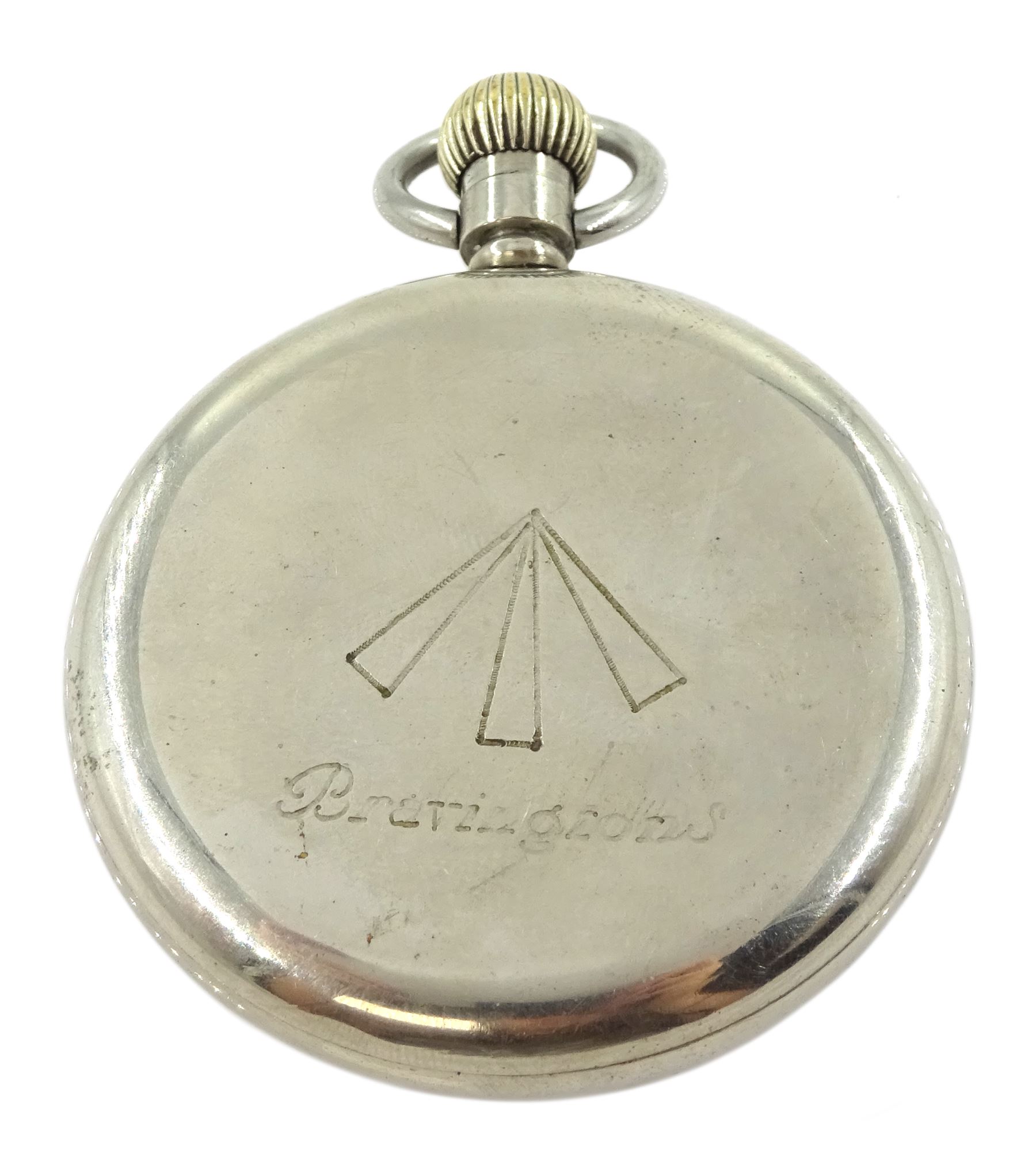 WWII Royal Navy nickel pocket watch by Waltham Vanguard, 23 jewels lever movement, white enamel dial with Arabic numerals and subsidiary seconds dial, the back case with broad arrow and engraved Bravingtons