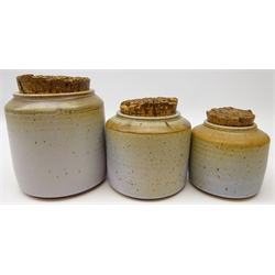  Set of three graduating stoneware jars with cork lids, indistinctly signed, H20cm   