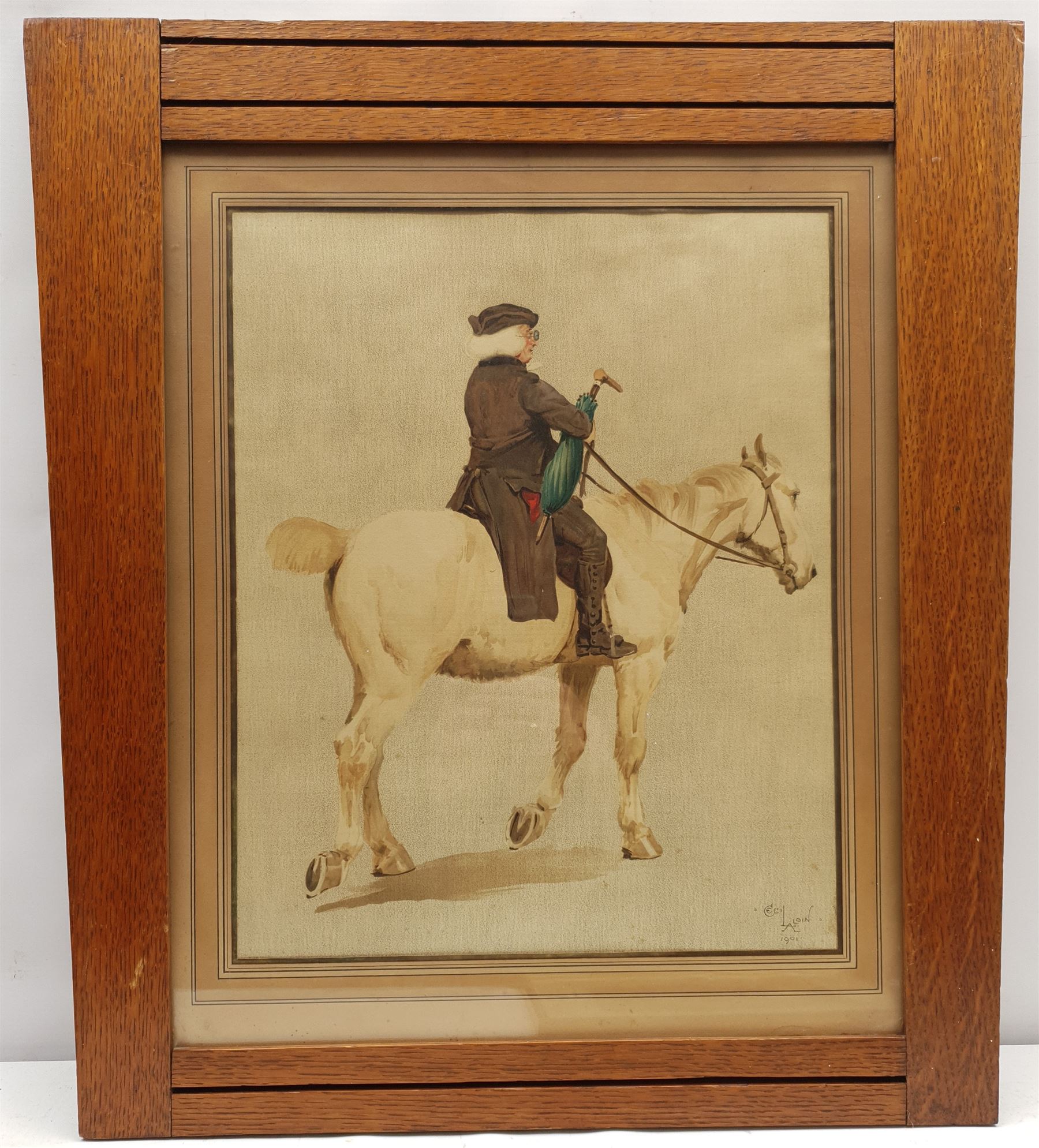 After Cecil Aldin (British 1870-1935): 'The Parson', chromolithograph 41cm x 33cm in period oak frame; 'General View of Old Kentish Town 1820', 19th century hand-coloured engraving 17cm x 22cm; and a reproduction newspaper article relating to Warter Priory 34cm x 51cm (3)