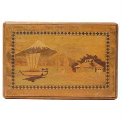 Japanese inlaid puzzle box, decorated with scenes of Mount Fuji and flowers, W15cm D10cm 
