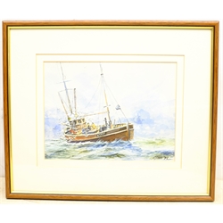 Desmond 'Des' G Sythes (British 1929-2008): Whitby Trawler 'Achieve', watercolour signed and dated '75, titled on label verso 17cm x 23cm