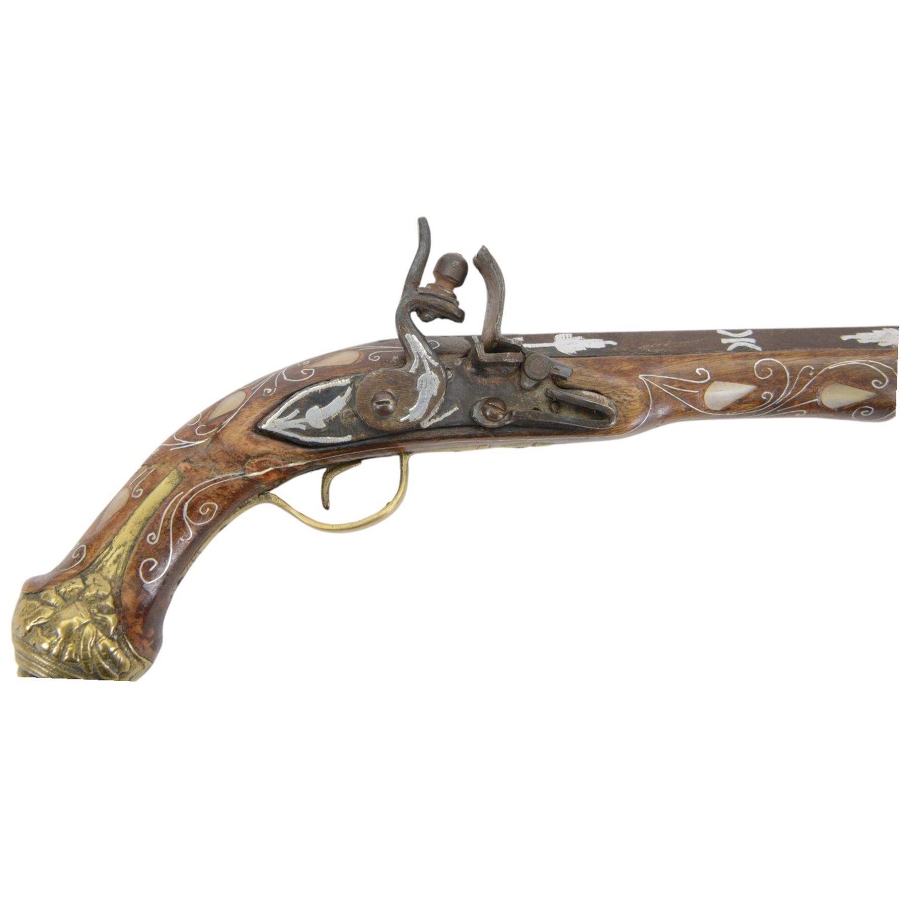 Flint lock pistol inlaid with mother of pearl and silver inlay 