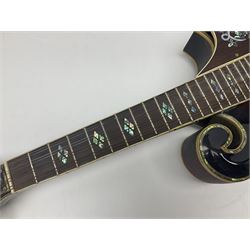 Eastern eight-string mandolin with red sunburst finish and mother-of-pearl inlay of eagles, clouds, trees etc L86cm; in fitted hard carrying case