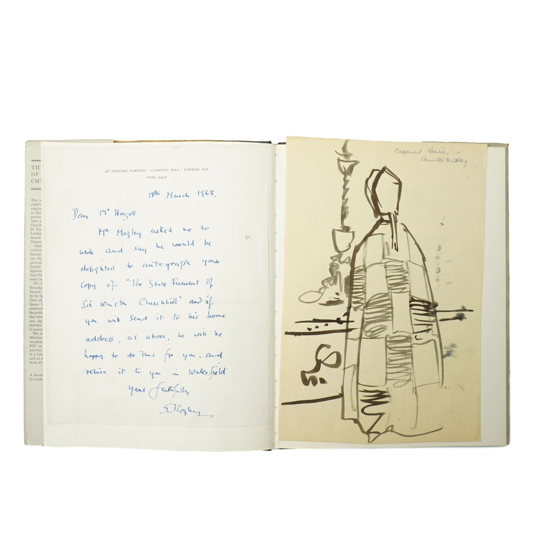 Charles Mozley 'State Funeral of Winston Churchill' sketch book 1965 with inscription together with original sketch and pasted in letter signed by Mozley and dated 1968, dust wrapper, not price clipped