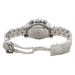 Breitling Superocean gentleman's stainless steel automatic chronograph wristwatch, Ref. A13340, blue dial with triple register recording hours, minutes and continuous seconds and date aperture, boxed with papers and additional links