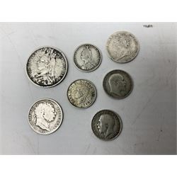 Three Queen Victoria double florins dated 1889 and two 1890, 1887 florin, George II 1746 Lima and other Great British silver coins 