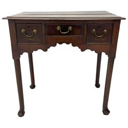 18th century oak low-boy, ovolo-moulded rectangular top over three cock-beaded drawers, circular brass handle plates and D-shaped handles, shaped and stepped arched apron, on cabriole supports 