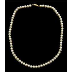  Single strand cultured pearl necklace, with 18ct gold clasp hallmarked  