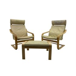 Ikea - pair of 'Poang' cantilever armchairs, upholstered in tan leather; complete with matching footstool (3)