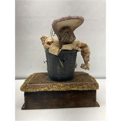 Modern reproduction automaton in the form of a baby doll in a basket clothed in Victorian style lace bloomers and frilled bonnet; clockwork action; on raised platform; with French paper label on base, 29cm wide,