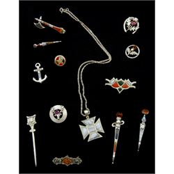 Victorian and later silver stone set jewellery including Scottish dirk brooches, one by Adie & Lovekin Ltd, Birmingham 1901, agate cross pendant, Celtic brooch by Robert Allison, Glasgow 1948, thistle brooches etc