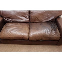  Pair two seat chocolate leather sofas, W200cm  