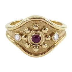 9ct gold three stone cabochon ruby and round brilliant cut diamond ring, Sheffield 1996