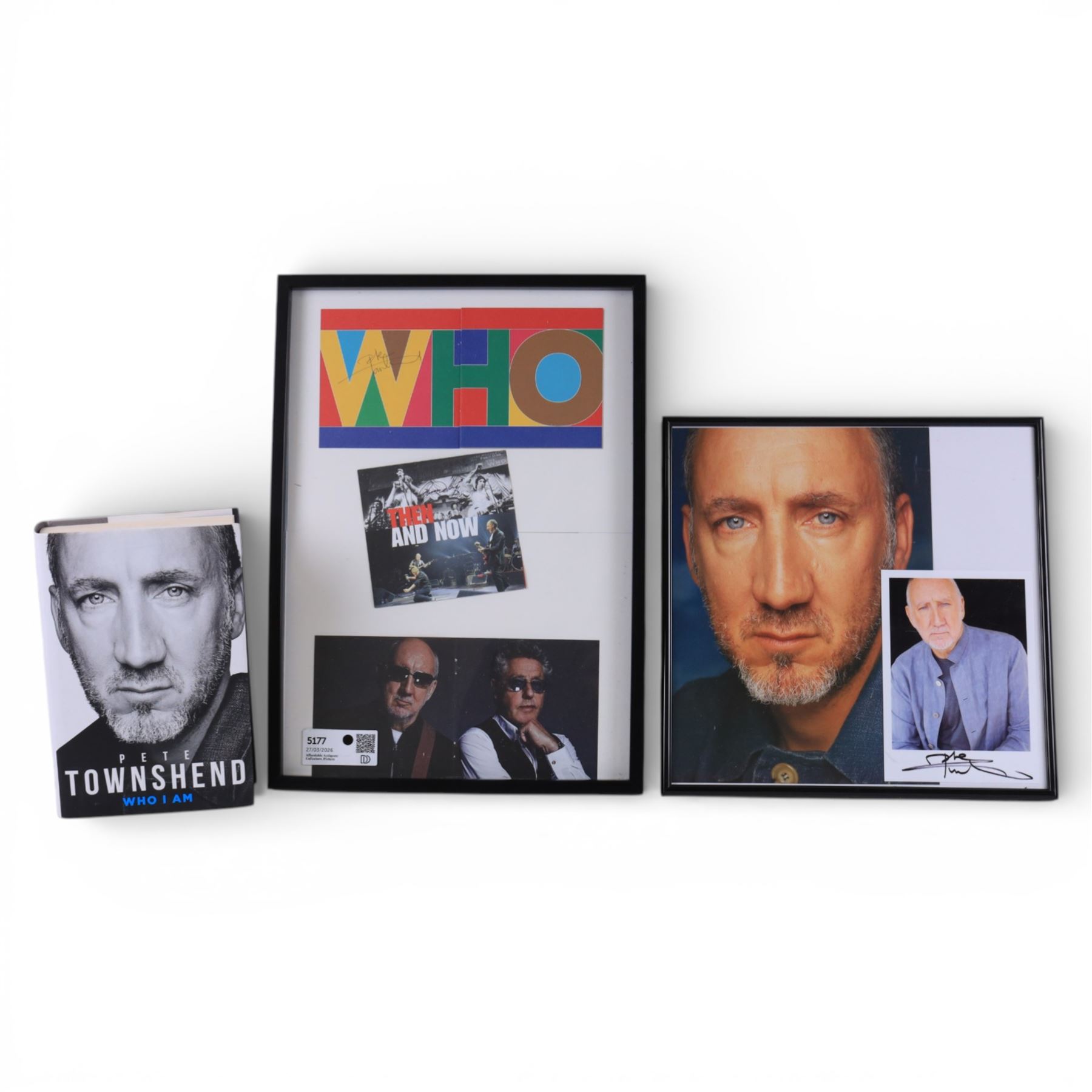 The WHO 'Then & Now' framed album insert, signed by Roger Daltrey and Pete Townshend, The WHO's Pete Townshend signed framed photograph, together with a  first edition of his autobiography 'Who I Am', largest frame H44cm