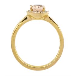 18ct gold oval morganite and round brilliant cut diamond cluster ring, hallmarked