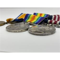WW1 Military Medal group of three comprising MM, British War Medal and Victory Medal awarded to 44772 Pte. T. Clamp 5/York: & Lanc: R.; all with ribbons on hanging bar
