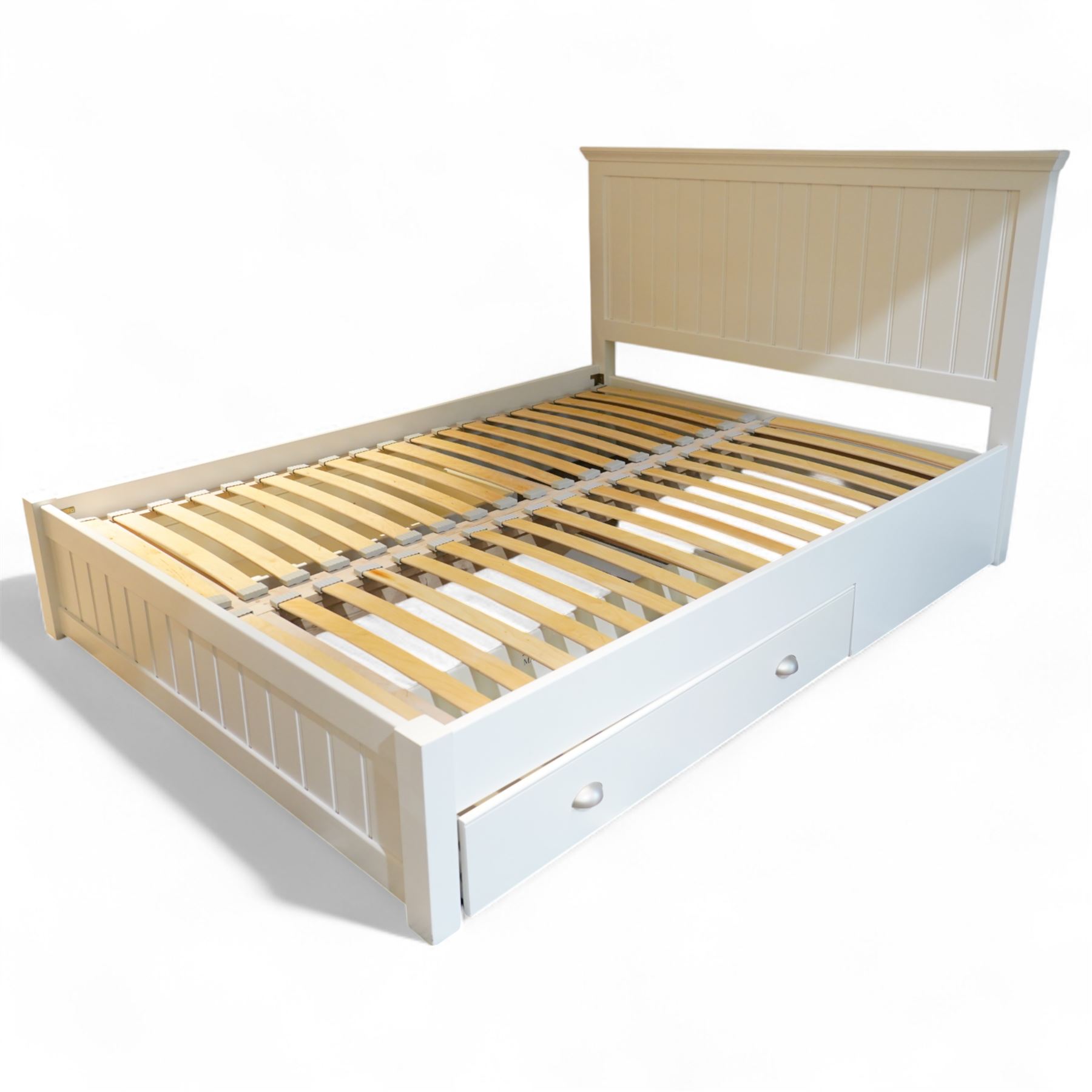 Downton 5' Kingsize contemporary white painted double bed frame, with tongue and groove style panelled headboard and footboard, slatted base and fitted with two underbed drawers with brushed steel cup handles