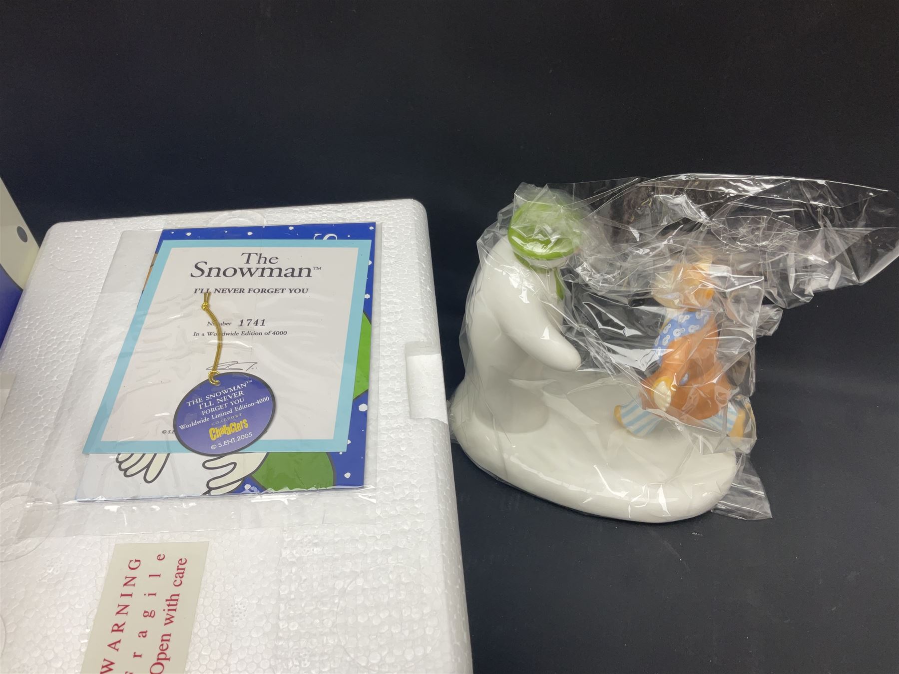 Four Coalport Characters The Snowman figures, comprising I'll Never Forget you with certificate, Pulling a Cracker and Adding a Smile, all with original boxes