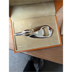 Saint Hilaire duck bottle opener, five silver plated knives/forks with silver ferrules, copper trinket box, silver plated concertina beaded bag and other collectables