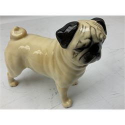 Three Beswick models comprising Hereford Bull no 949, 'CH Cutmil Cupie' Pug, and bay Shire horse, all with printed marks beneath