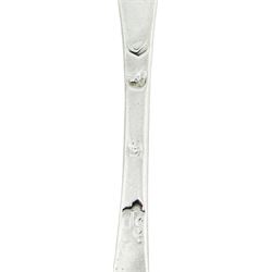 Early 18th century Britannia Standard dog nose spoon, probably Queen Anne, with rattail bowl, the underside of the terminal inscribed with initials R.R and dated 1707, hallmarked Thomas Spackman, London, date letter worn and indistinct, L15cm, approximate weight 0.80 ozt (25 grams)
