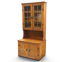 Gnomeman - adzed oak dresser, arcade carved cresting rail over two lead glazed doors, doub...