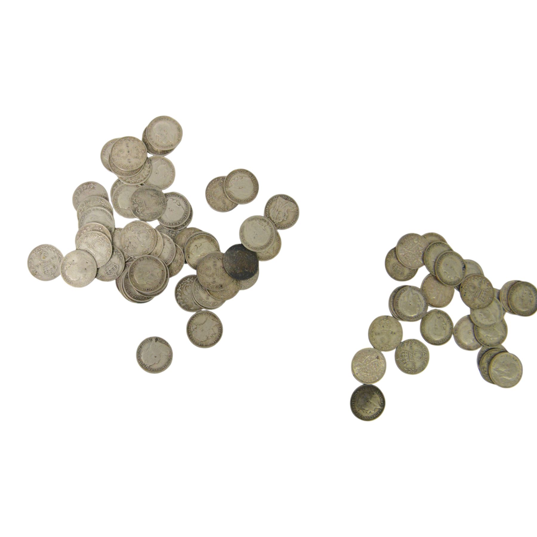 Approximately 74 grams of Great British pre-1920 and approximately 33 grams of Great British pre-1947 silver threepence coins