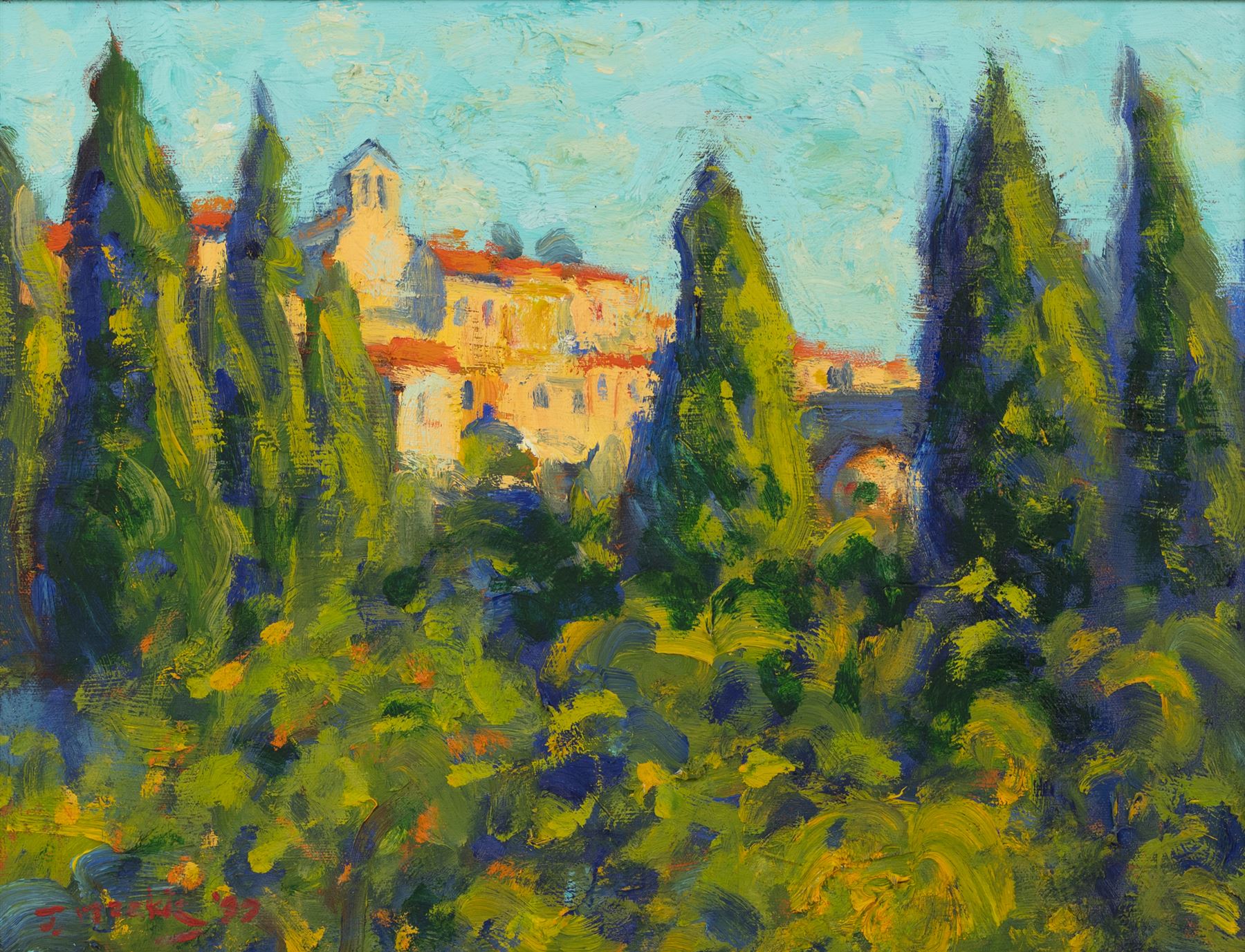 John Mackie (Scottish 1953-): 'The Village of Minerva', oil on canvas signed and dated '99, titled verso 34cm x 44cm 
