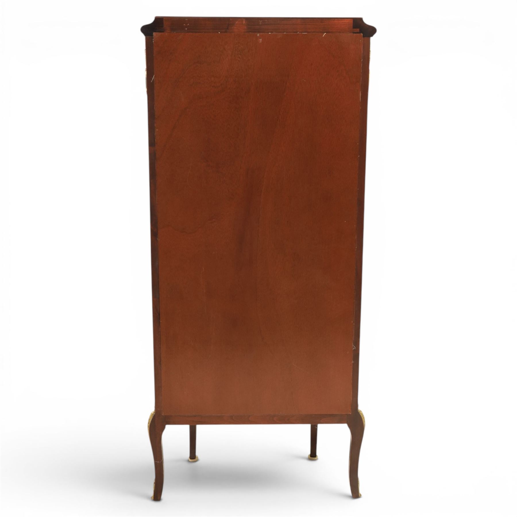 French Louis XV design display vitrine cabinet, Kingswood with gilt mounted detailing, damask fabric interior with three glass shelves, raised on cabriole supports