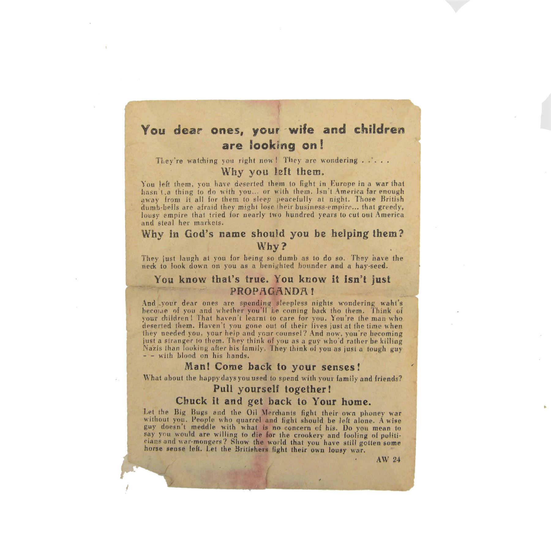 WWI German propaganda leaflet, aimed at Americans, All Aboard Outward Bound, H12cm, W9cm