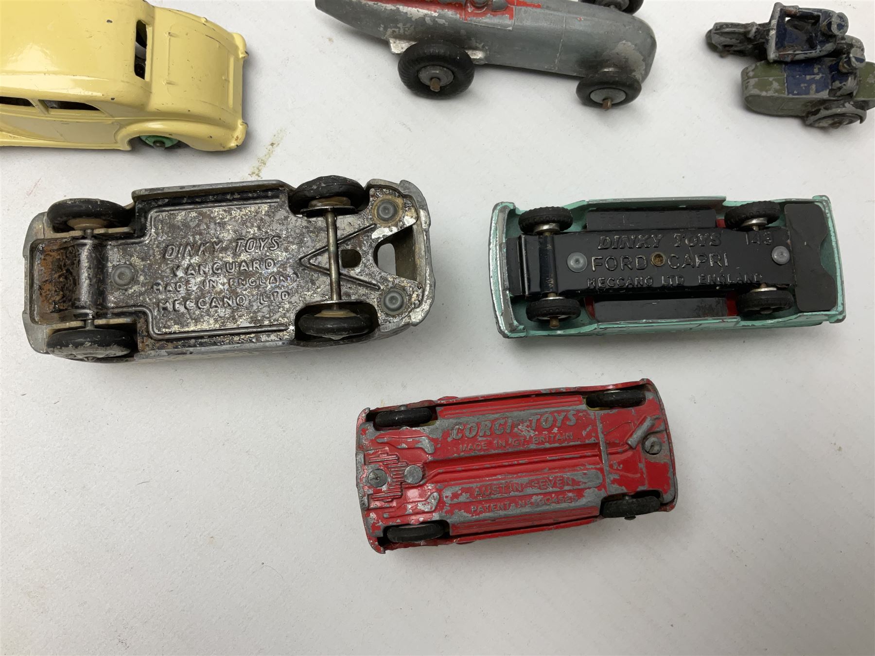 Dinky - sixteen unboxed and playworn die-cast models including Foden lorry, Big Bedford lorry with Halesowen Farm Trailer, Thunderbolt land speed record car, Spirit of the Wind racing car, market garden truck, Bedford tipper, station wagon, tanker, motorcycle combination etc; two Corgi models; and five Matchbox/Lesney models (23)