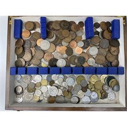 Great British and World coins, including George IIII 1821 crown, Queen Victoria 1887 shilling, various silver threepence pieces, George III 1805 Irish penny, pre-Euro coinage etc