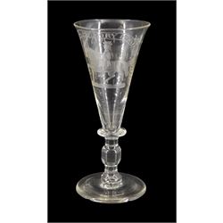 Williamite style wine glass, the trumpet bowl engraved with King William on horseback beneath a banner inscribed 'The Glorious Memory of King William', and further engraved verso 'Boyne 1st July 1690', upon collar and cylinder knopped stem and circular foot, H16cm; engraving 19th century, glass possibly earlier 