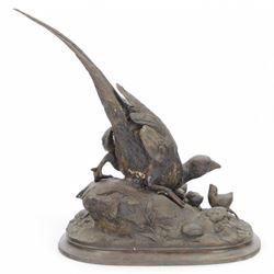 Bronzed figure group of a pheasant with six chicks upon a naturalistically modelled ground, after A. Arson, H45cm