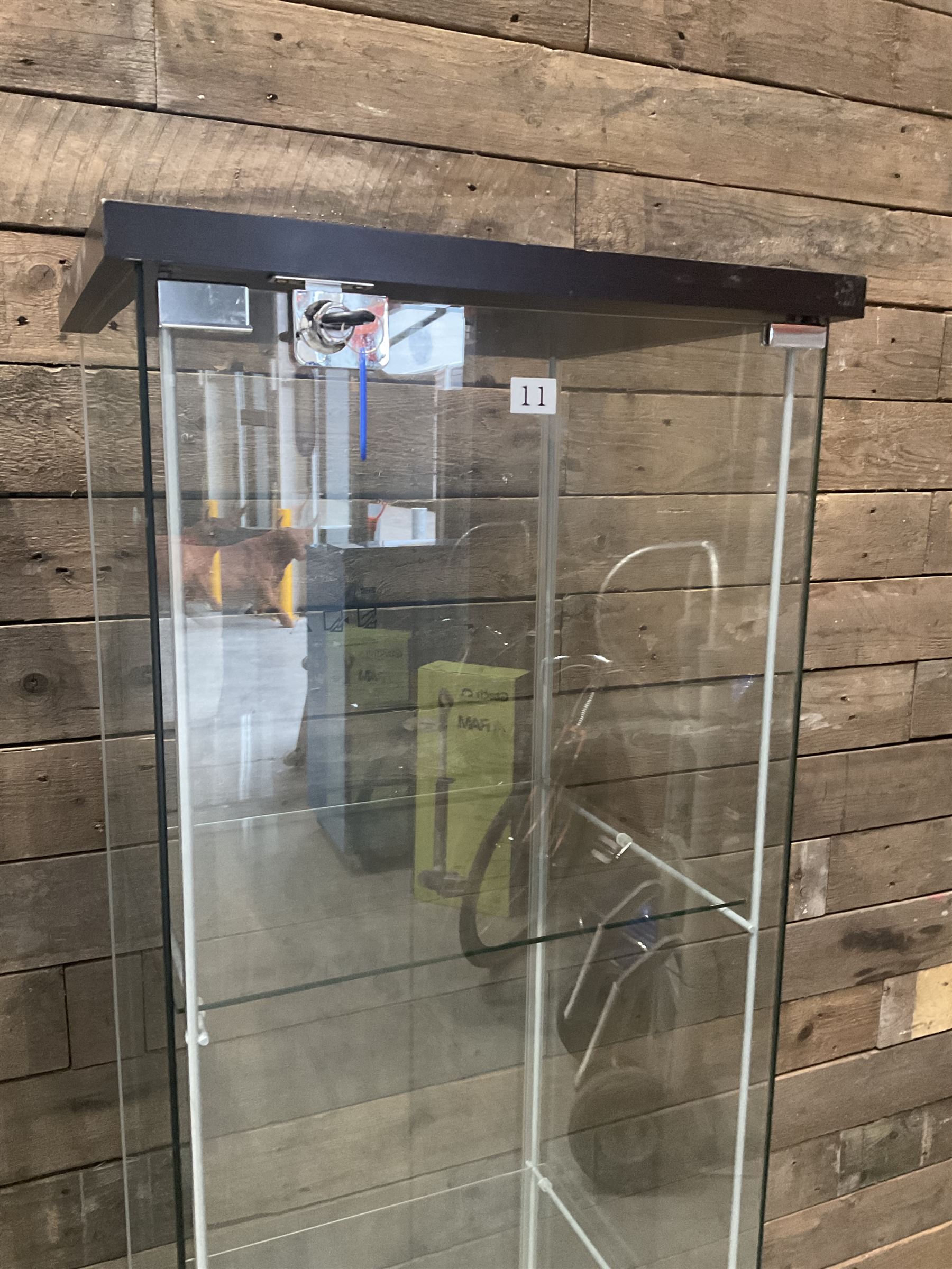 Three Ikea rosewood finish illuminated four glass shop display cabinets, with shelves and keys