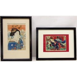  Japanese Figures, 19th century Utagawa school woodblock print 9cm x 22cm and Figure with Biwa, 19th century woodblock both signed with character signatures 16cm x 10.5cm (2)  