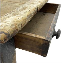 Victorian pine farmhouse dining table, rectangular plank top on painted base, fitted with two end drawers, on turned supports 