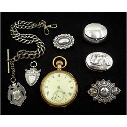American gold-plated open face lever pocket watch by Waltham, No. 95176, silver watch chain with fob, one other fob, two silver brooches and two silver pill boxes, all hallmarked or stamped