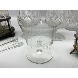 Pair of Stuart brandy glasses, H13cm, two 19th century glass cocktail stirrers of twisted form, decanters, Edwardian glass, silver plated cruet stands and shakers etc