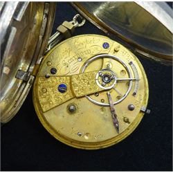 Victorian silver open face key wound lever pocket watch by Thomas Donkin, Scarborough, No. 18157, case by Charles Harris, Birmingham 1893, smaller silver pocket watch by George Cooper, Scarborough, No. 1836, on gilt watch chain, both with white enamel dials and subsidiary seconds dials and a silver fob watch