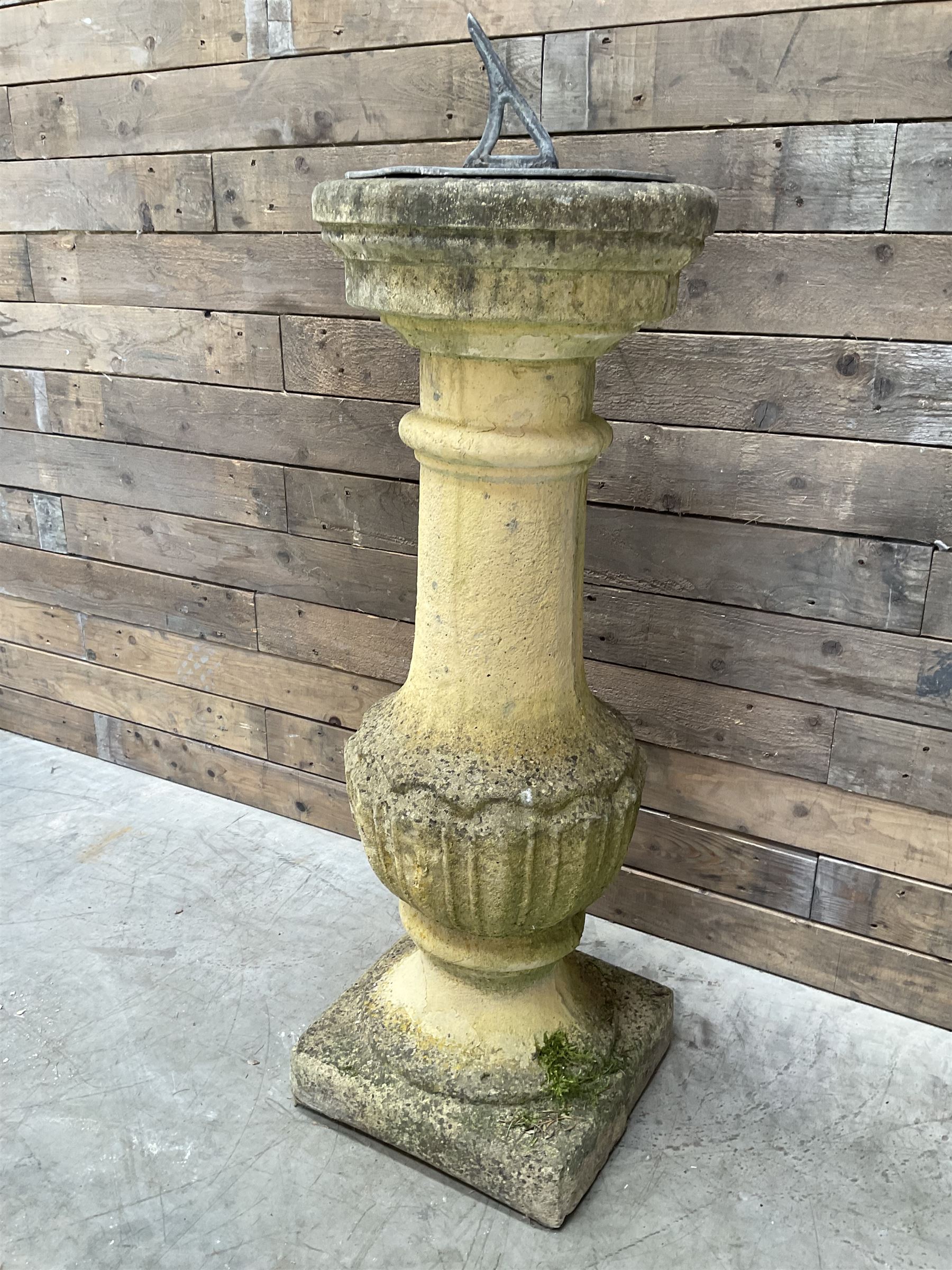 Victorian design cast stone sun dial, circular column with lead NESW plate