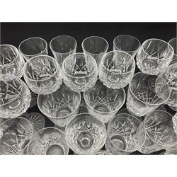 Set of Waterford Crystal Lismore pattern drinking glasses for six people, including hock glasses, goblets, champagne flutes,  sherry glasses, liqueur glasses, hi ball glasses, whisky glasses, brandy balloons, etc, all with etched maker's mark beneath  (62)
